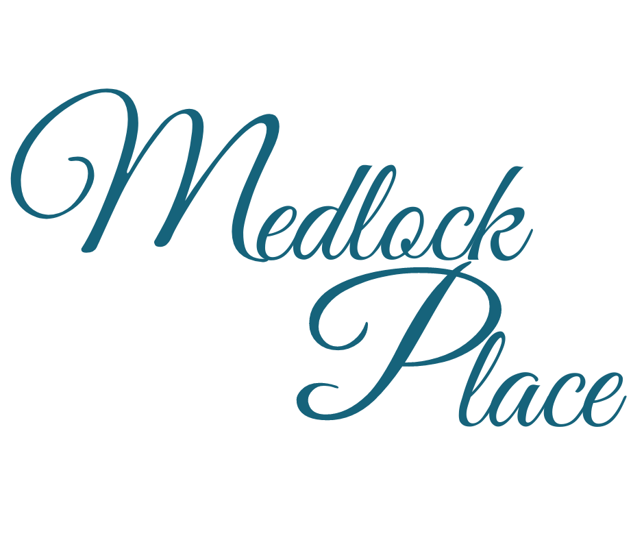 The image displays the words "Medlock Place" in blue cursive font on a green background.